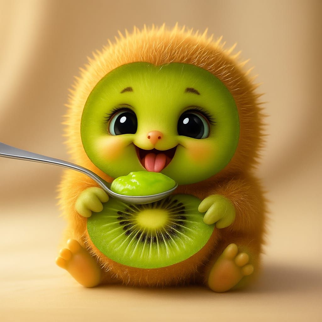 Adorable Baby Kiwi Fruit Creature Eating Spoonful