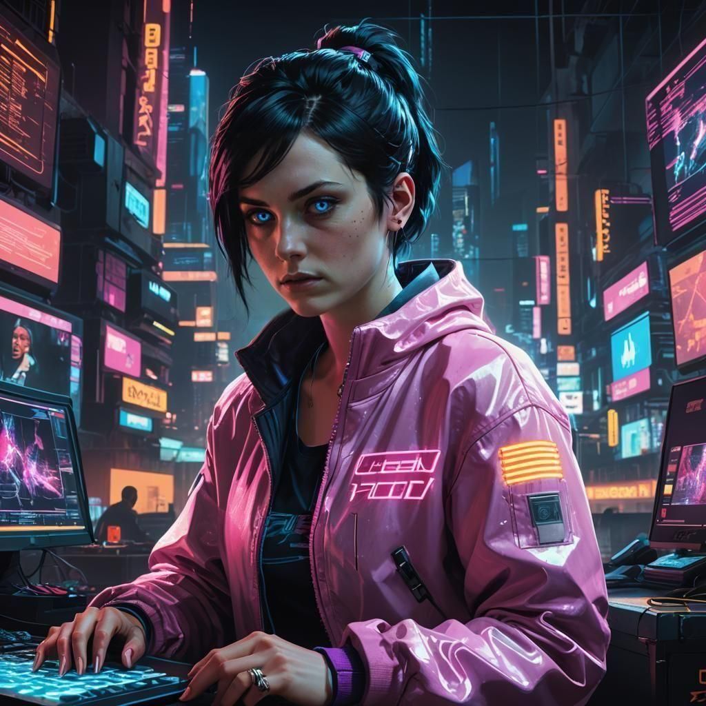 Cyberpunk Decker Slouched at Terminal in the Dark