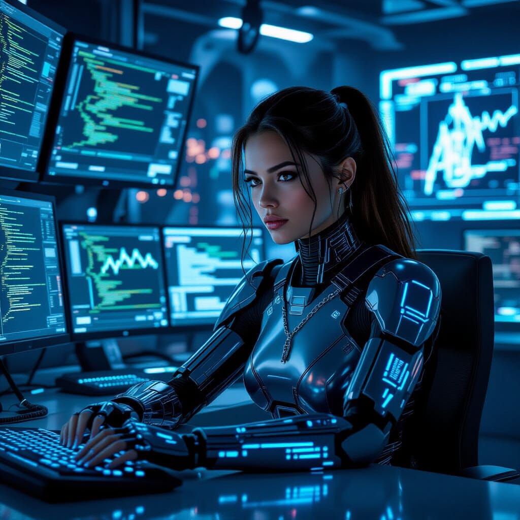 Cyberpunk Hacker in High-Tech Control Room