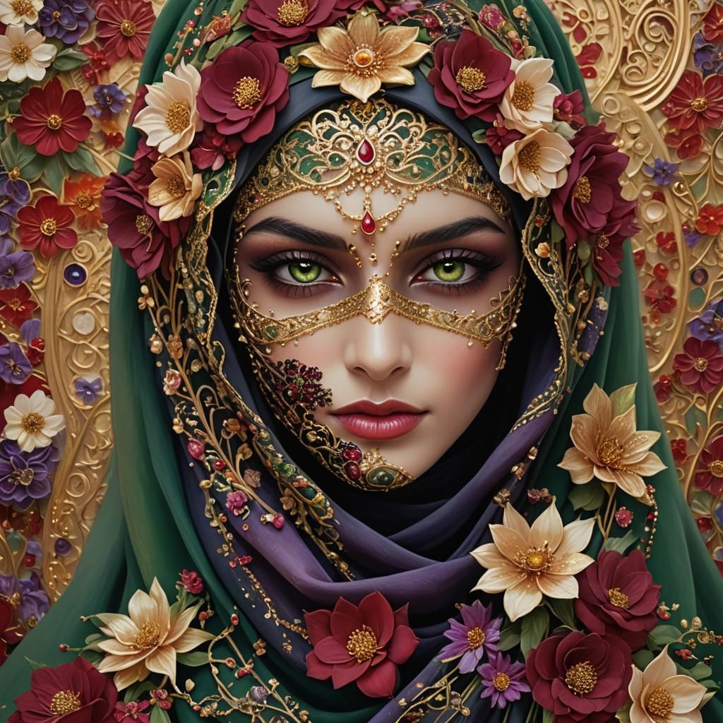 Woman in Floral Niqab: Surreal Digital Art