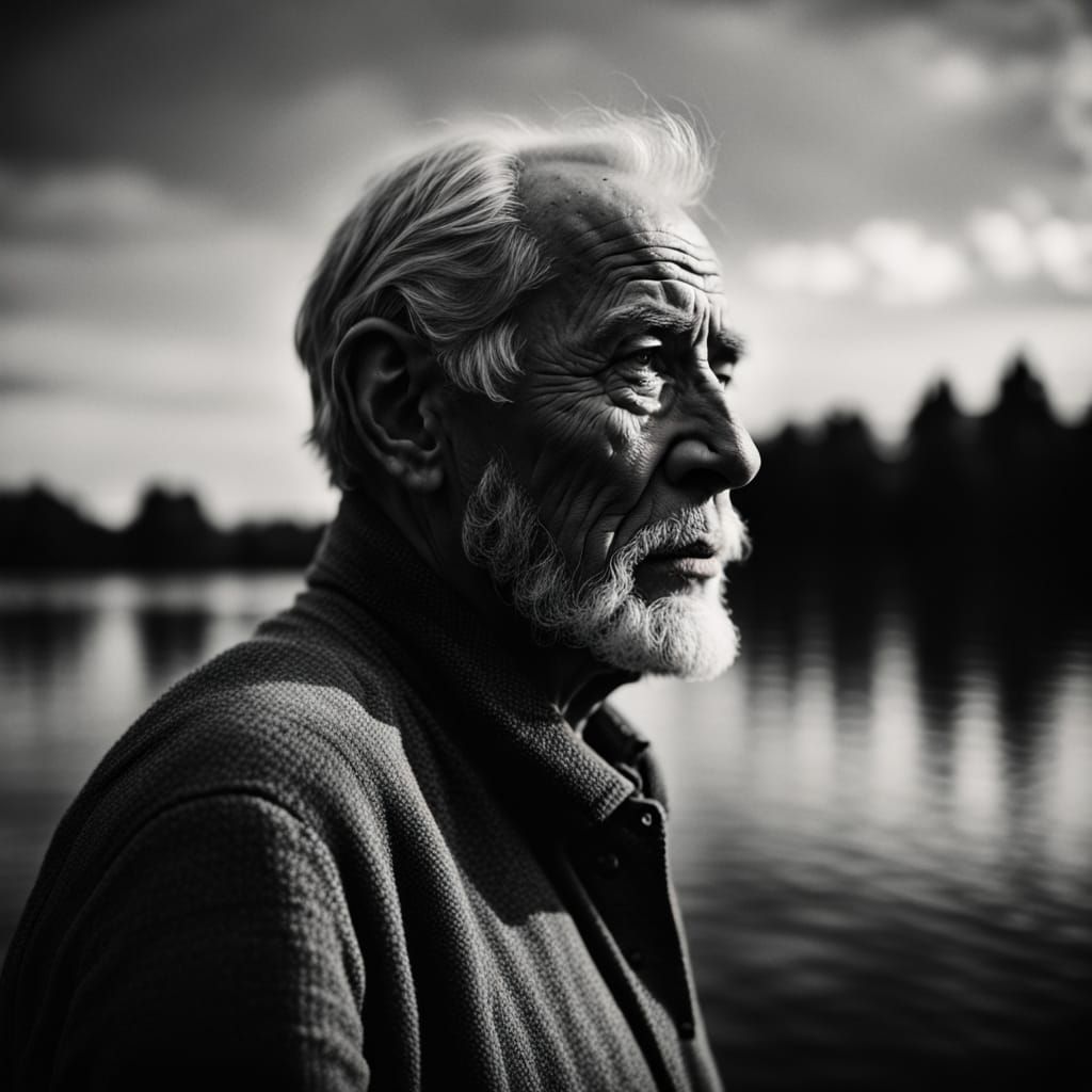 Portrait of old man, black and white, lake background...