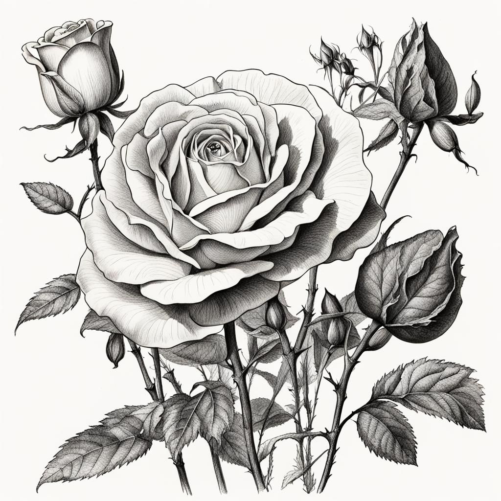 Vintage Botanical Ink Drawing of a Nigrum Rose