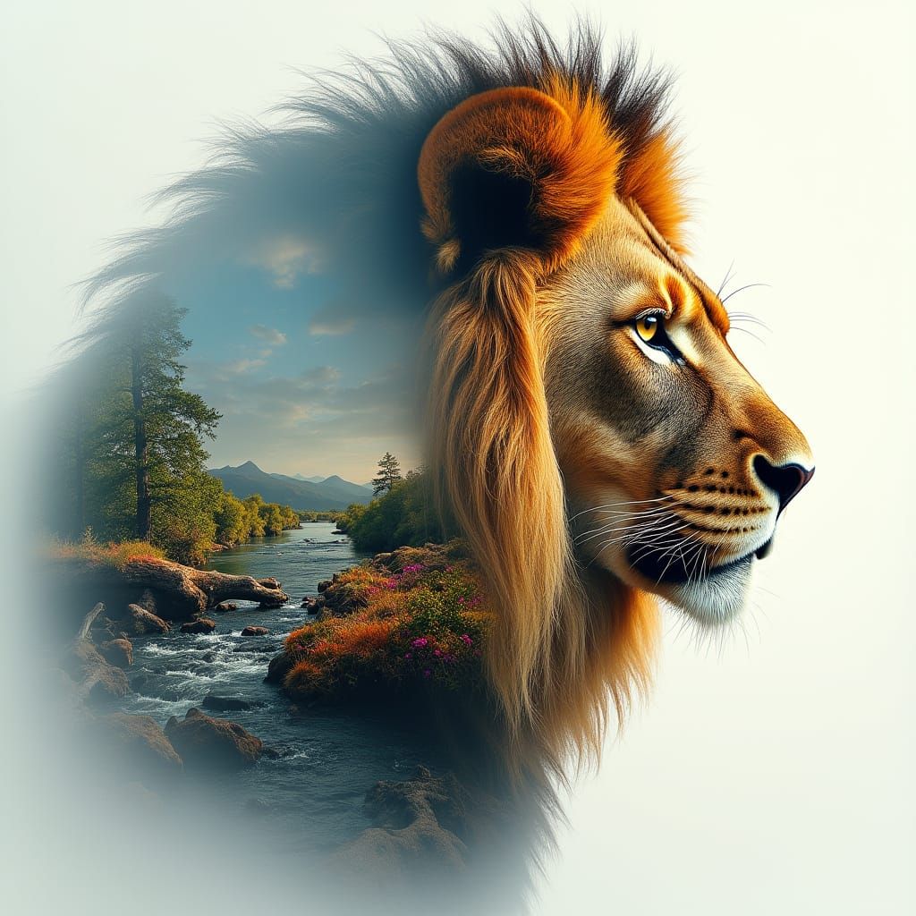 Majestic Lion Portrait in Vibrant, Hyperdetailed Collage