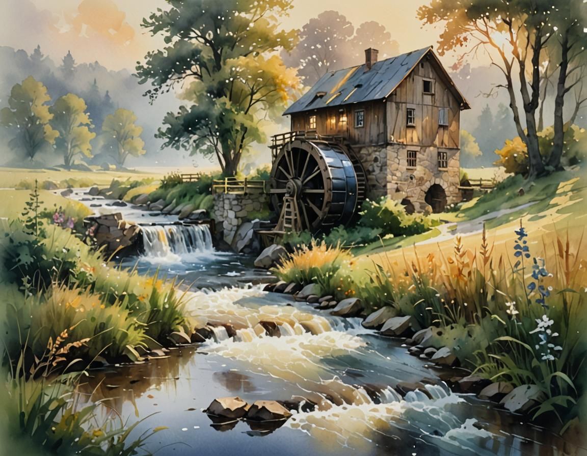 Water Mill in Foggy Meadow, Watercolor Style