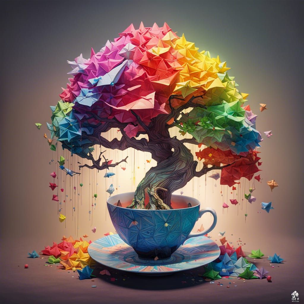 Rainbow Origami Tree in Teacup, Digital Art