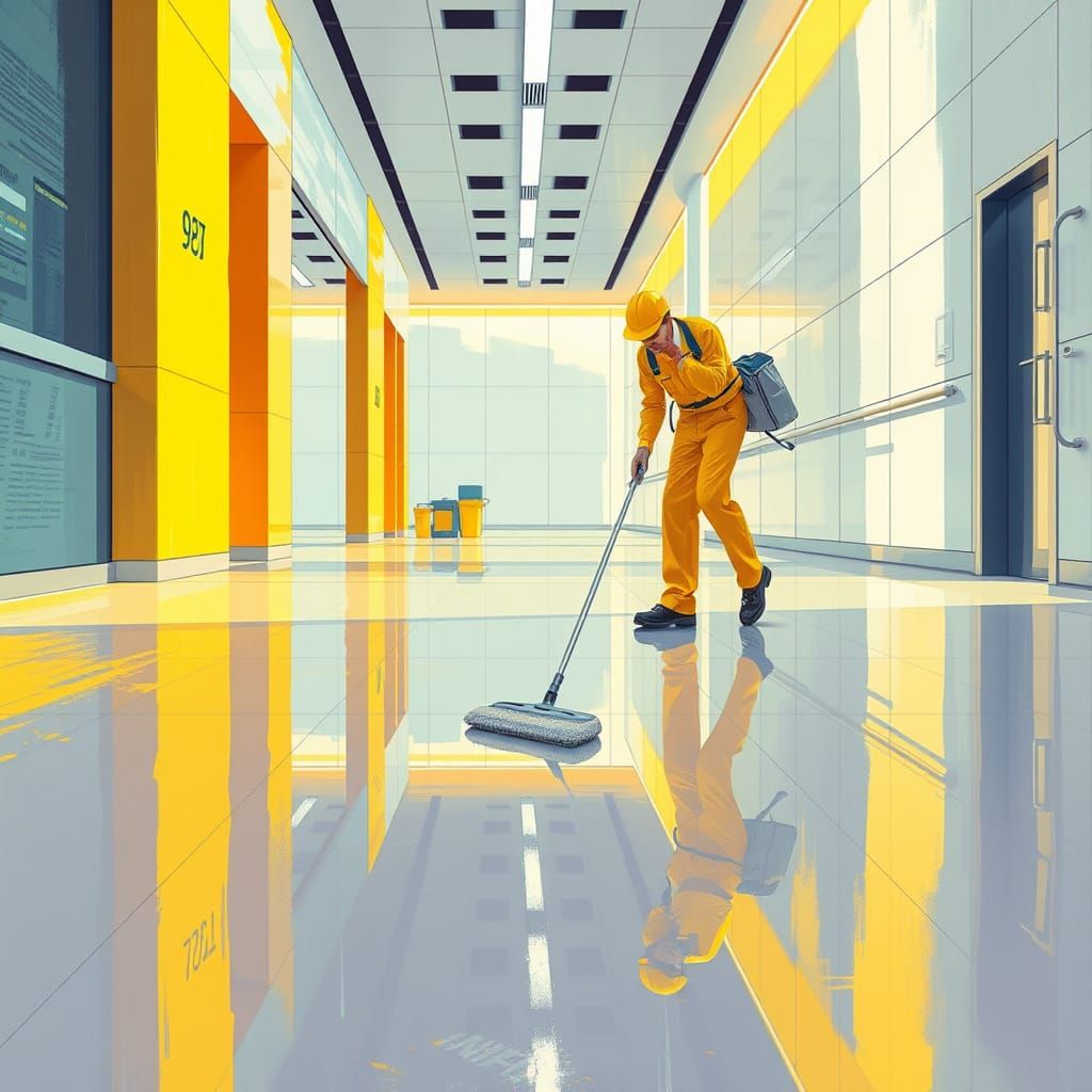 Futuristic Janitor Sweeping in Minimalist Architecture