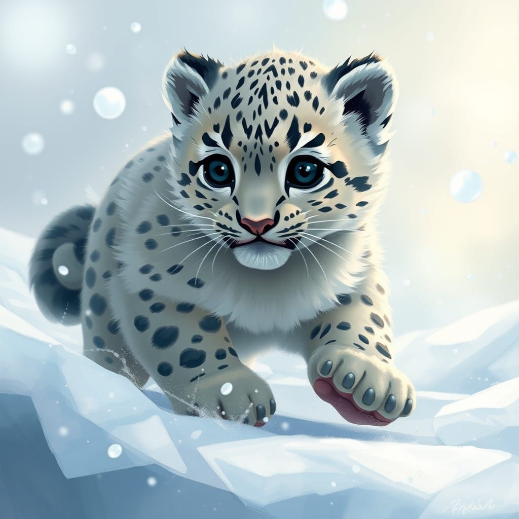 Snow Leopard Cub in Winter Wonderland