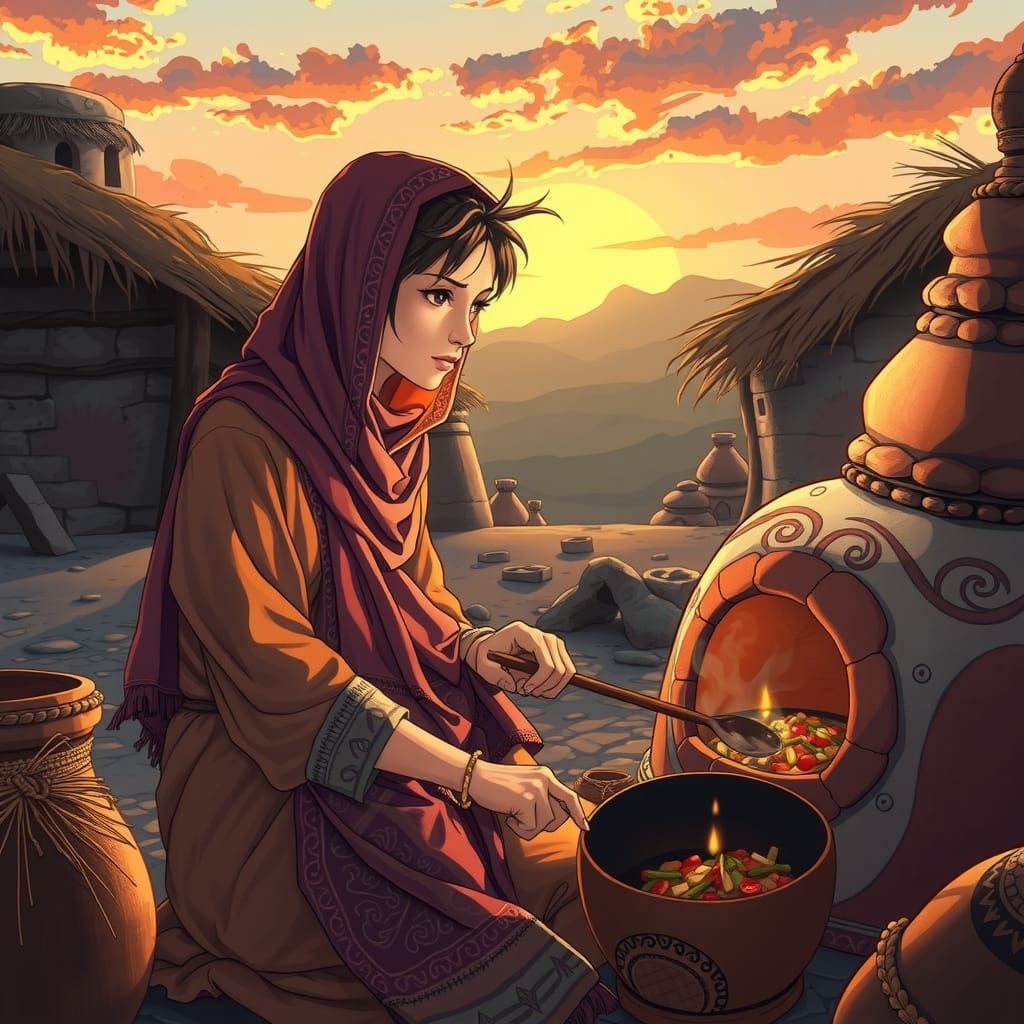 Mesopotamian Woman Prepares Meal: Manga Scan Style