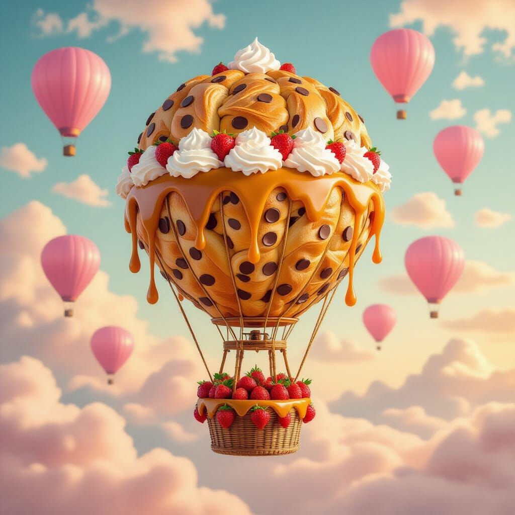 Surreal Bread Hot Air Balloon with Caramel and Strawberries