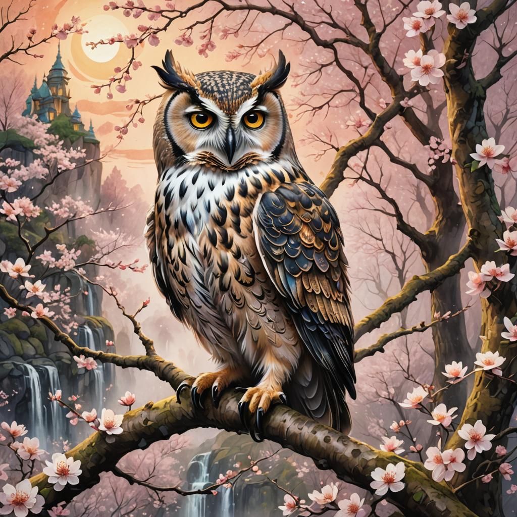 Owl in Cherry Blossom Forest, Watercolor Style