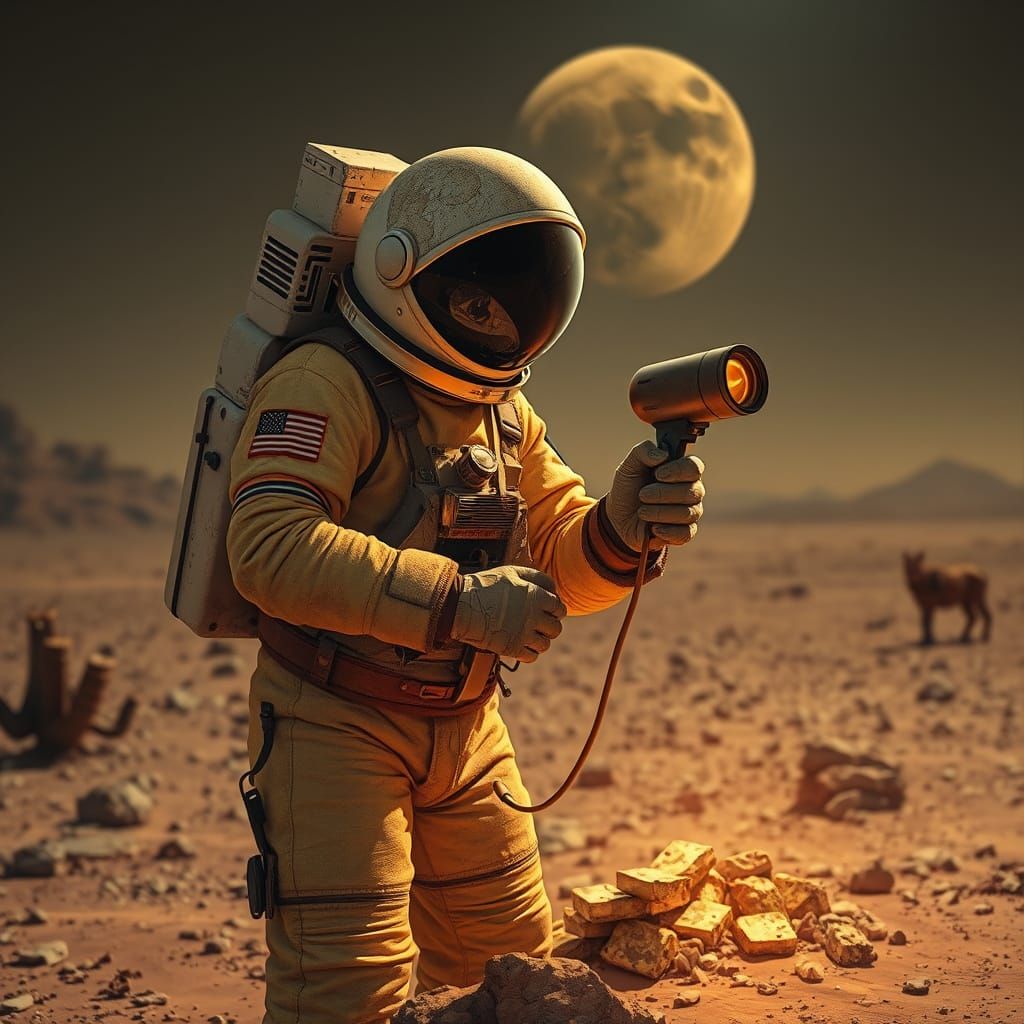 Astronaut's Retro Gold Hunt on Mars