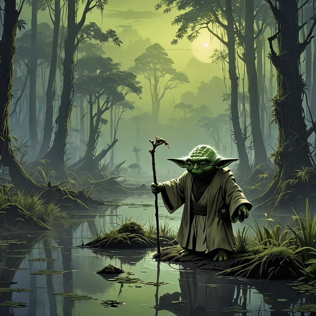 Yoda's Exile on Dagobah: An Anime Style Scene