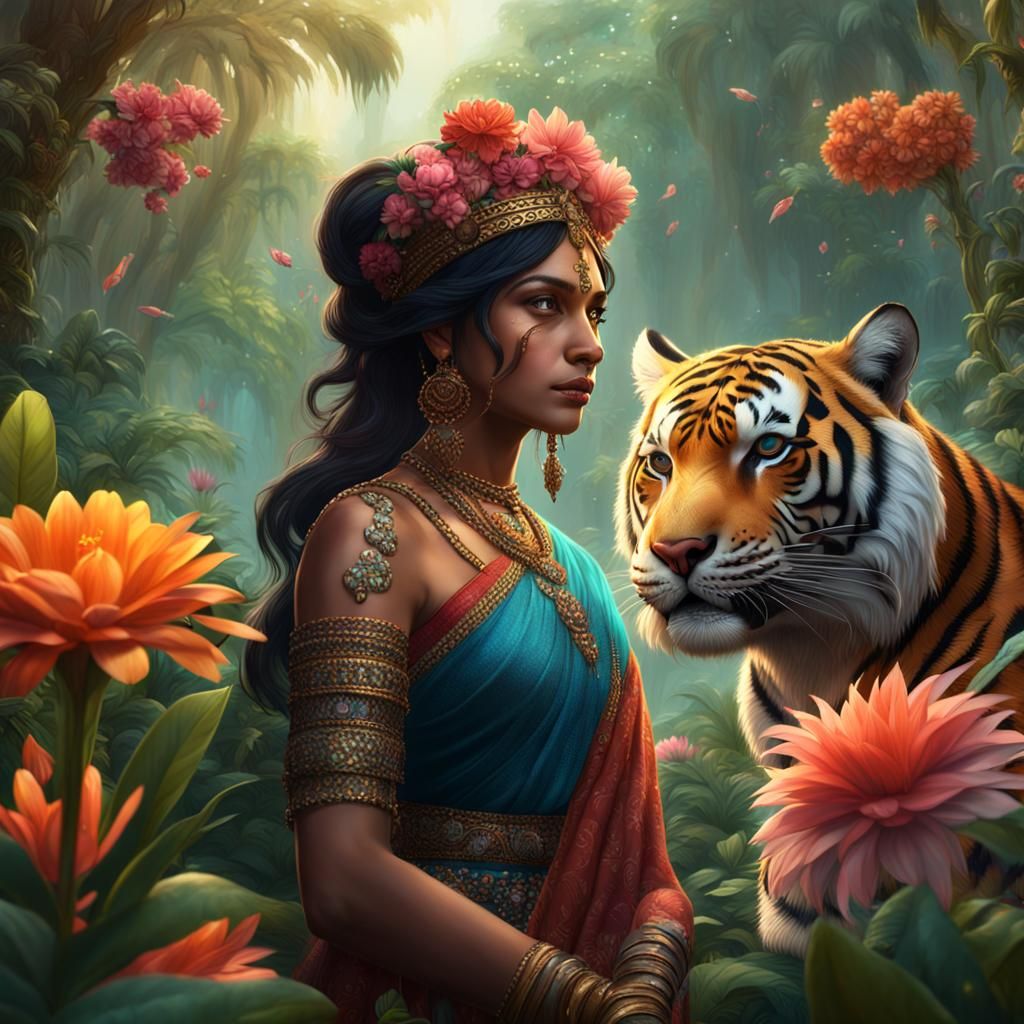Indian woman, tiger, jungle