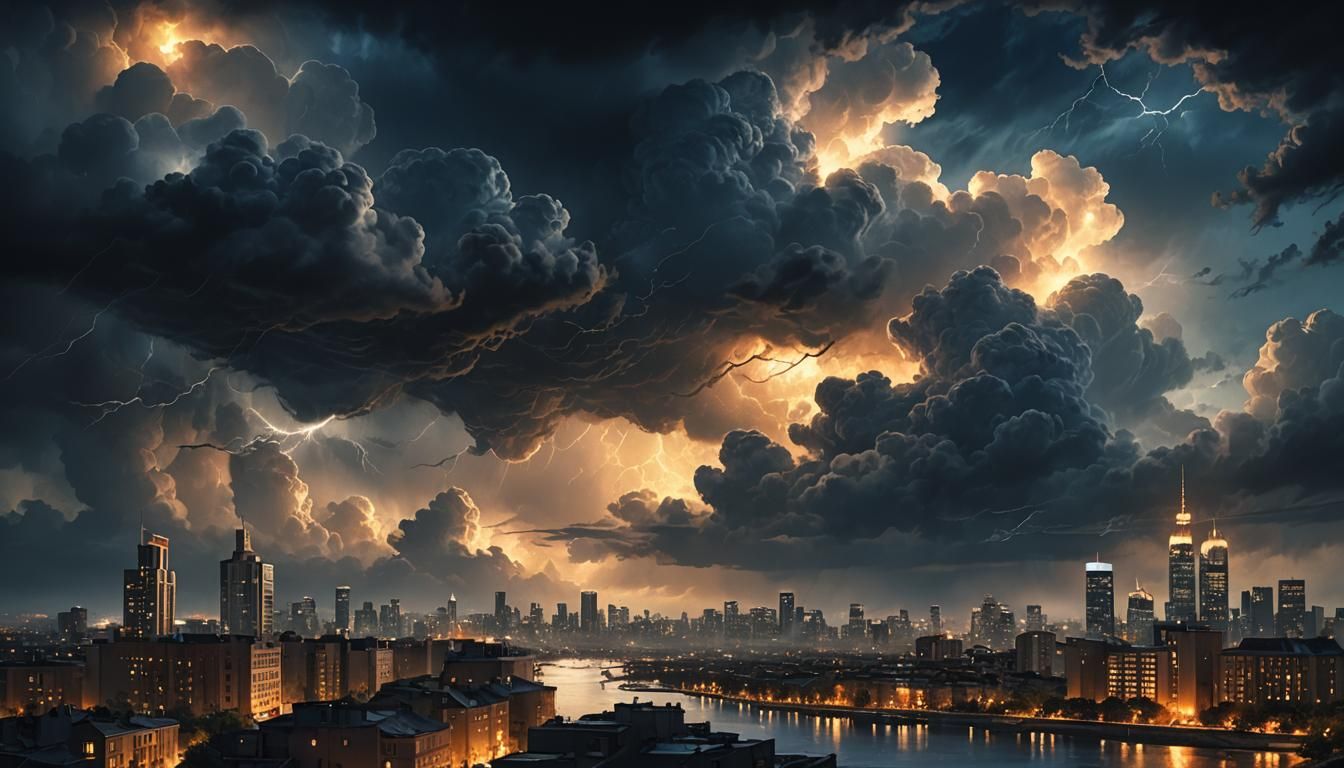 Stormy Cityscape at Night in Dramatic Oil Painting