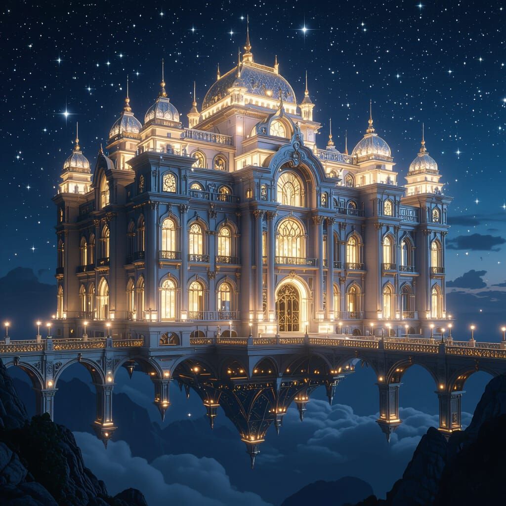 Majestic Floating Palace in Starry Night Sky