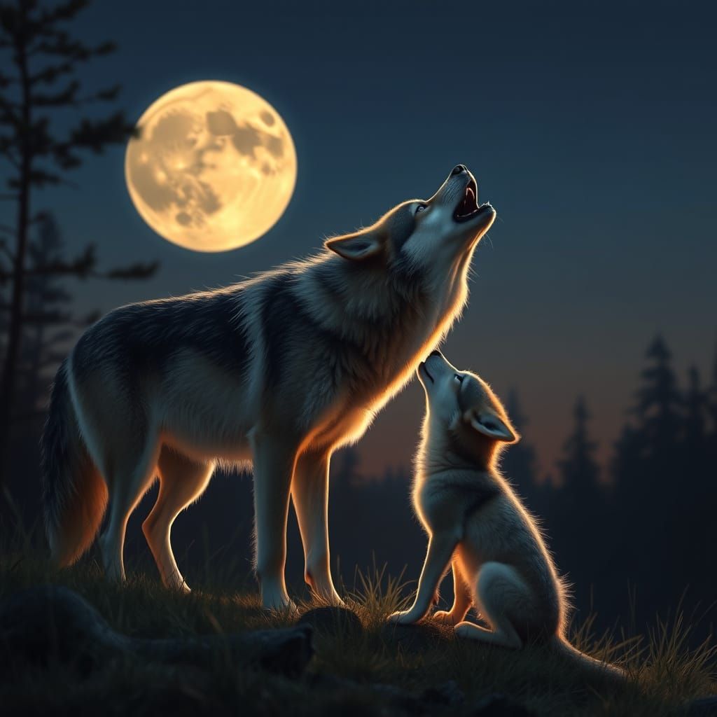 Wolf Teaches Pup to Howl Under the Moon