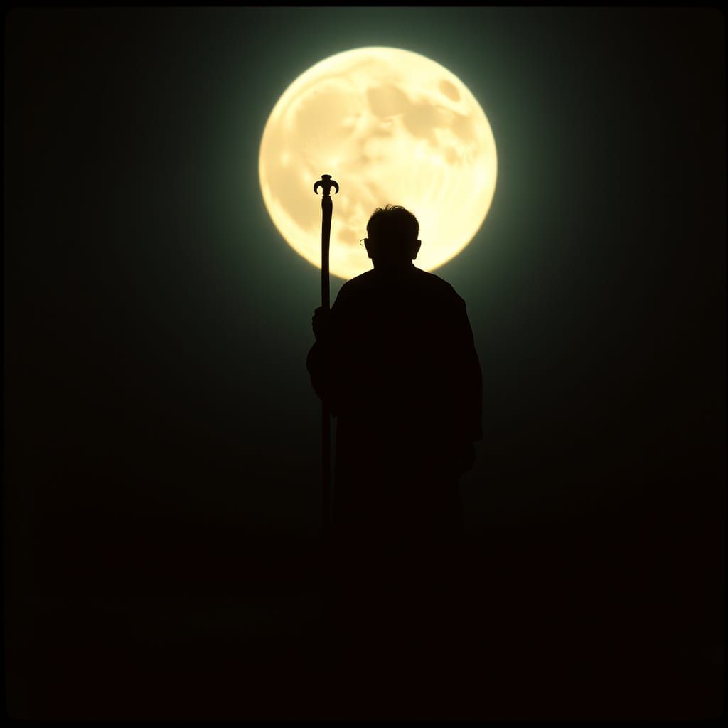 Silhouette of Old Man Walking Under Full Moon