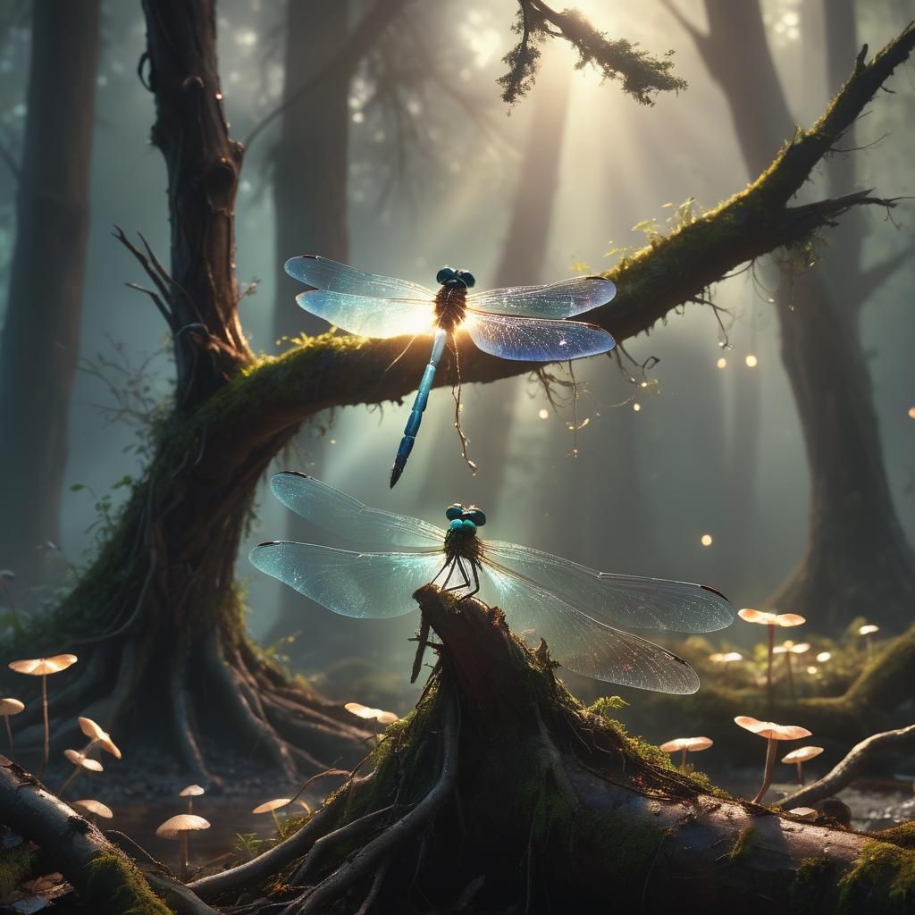 Majestic Dragonfly in Mystical Forest, Digital Matte Paintin...