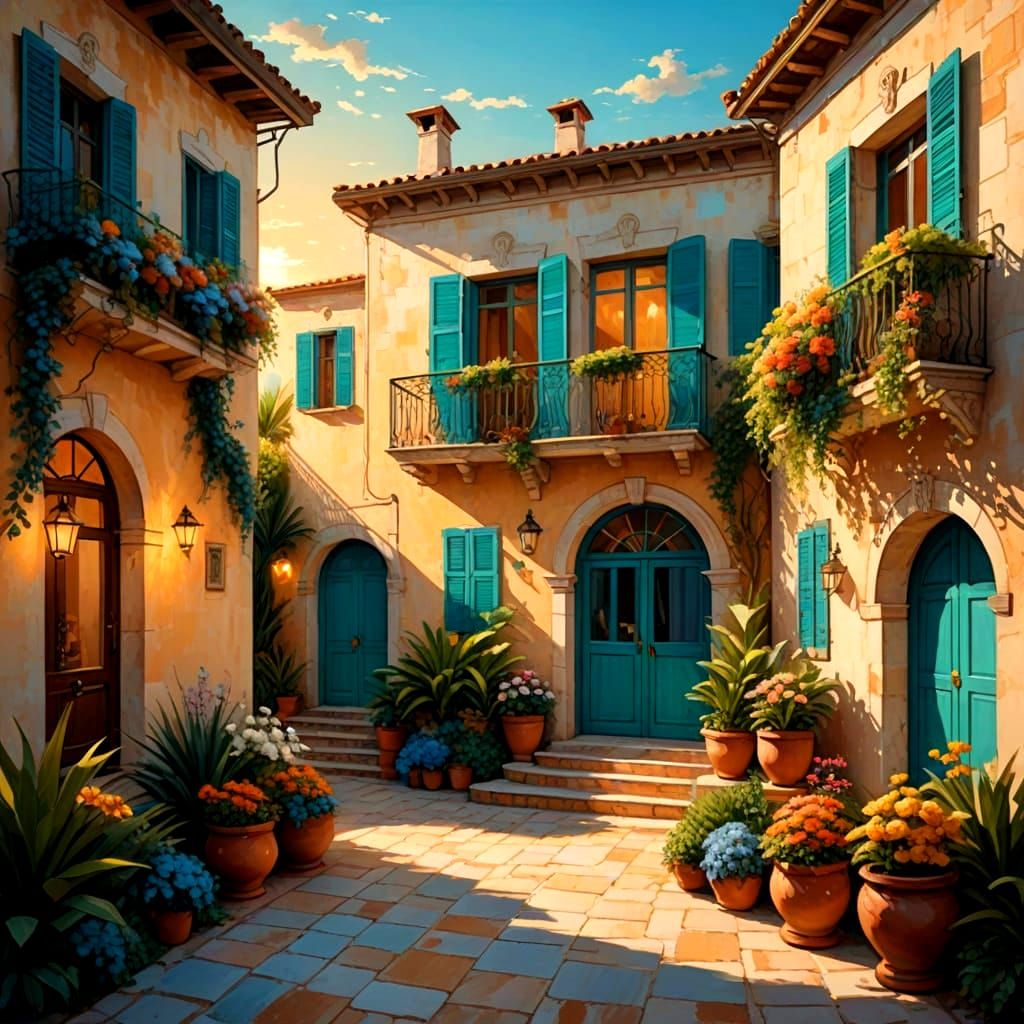 Ethereal Mediterranean Landscape in Teal and Gold
