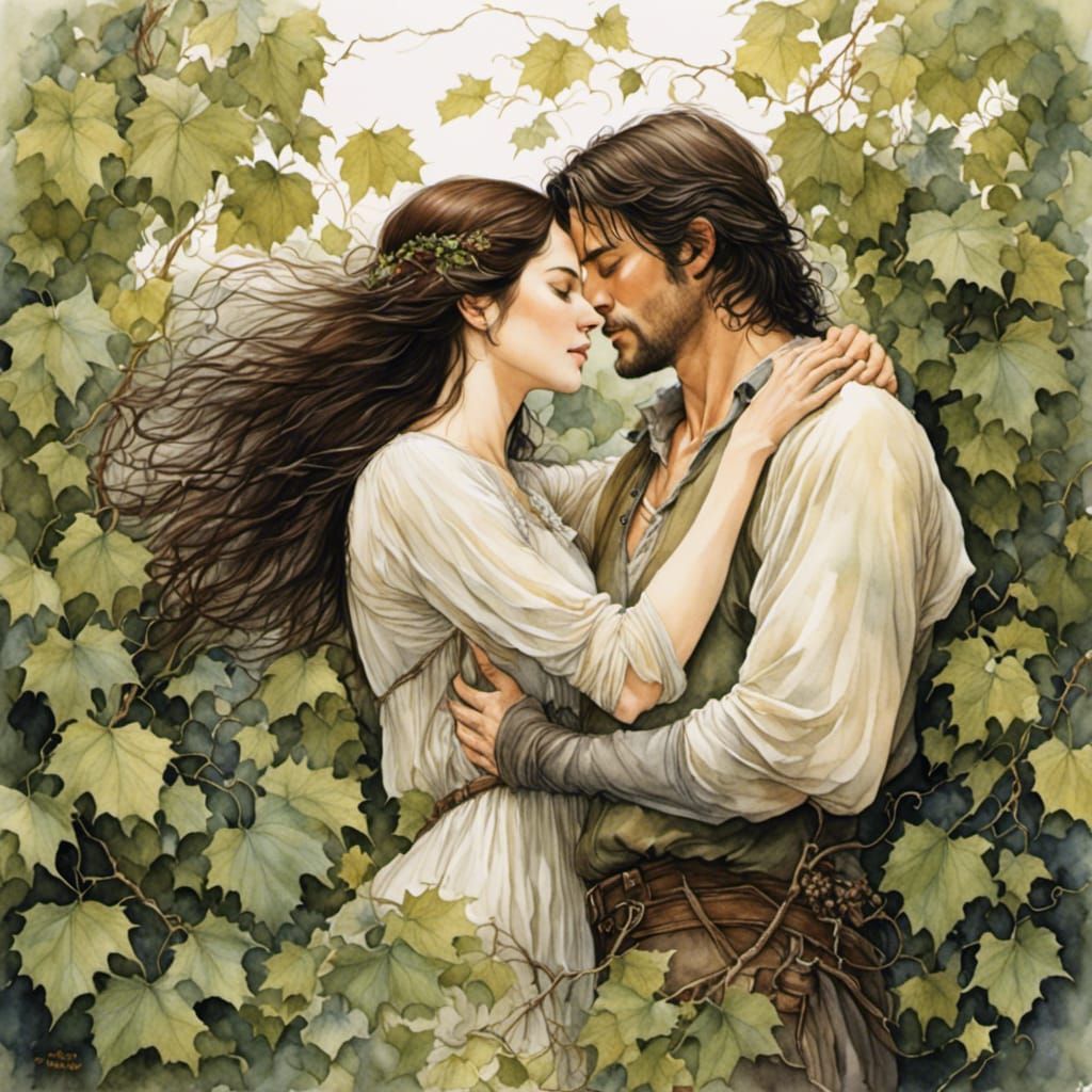 Lovers Embrace Amongst Vines in Storybook Style