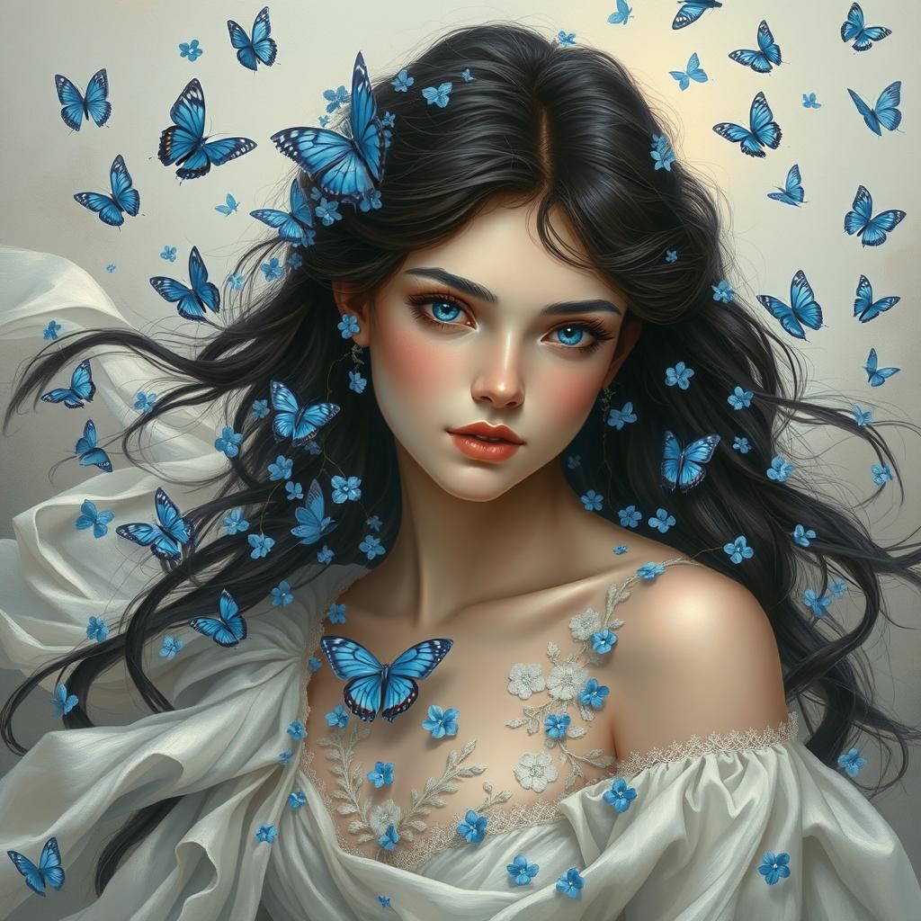 Ethereal Woman in Flowing Gown with Butterflies