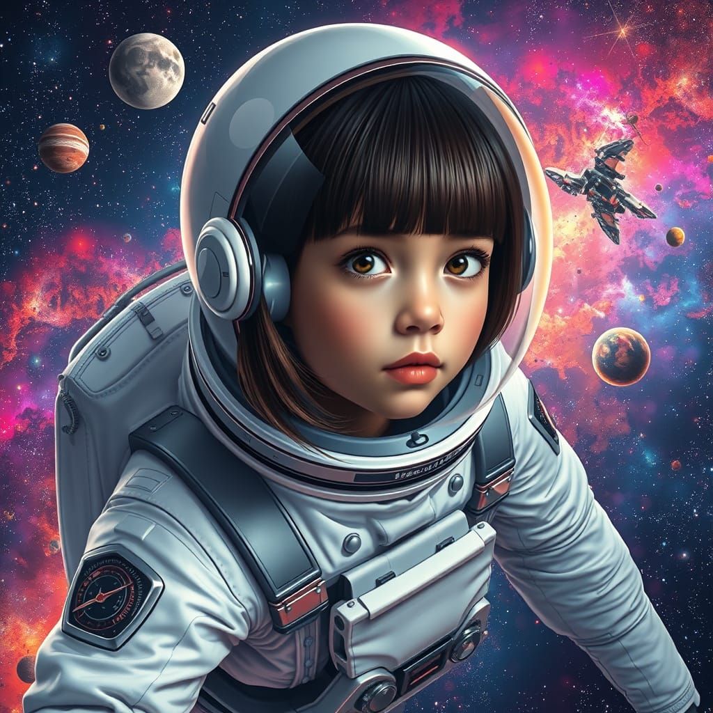 Hyperrealistic Astronaut Girl in Cosmic Vastness