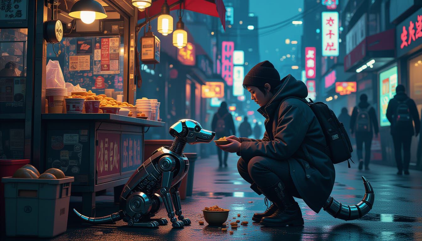 Street Vendor Shares Meal With Robot Dog in Neon City