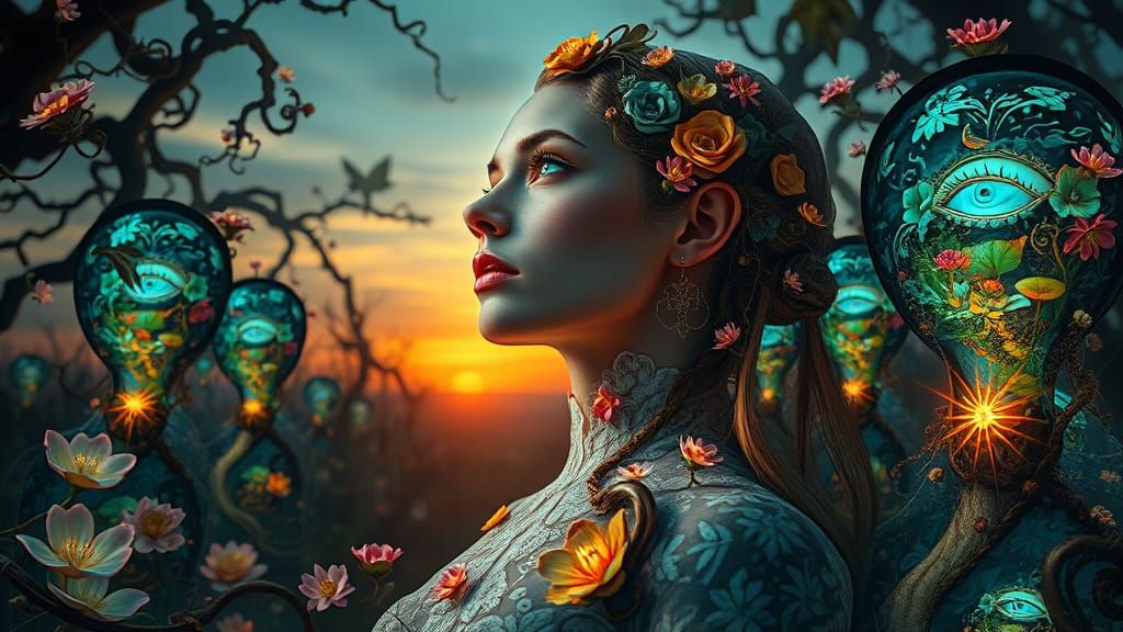 Dreamlike Surrealism of Mystical Woman in Labyrinth of Light