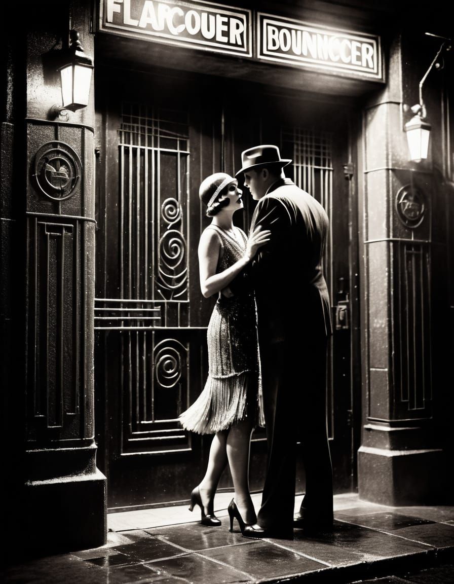 Film Noir: Flapper Confronts Bouncer in Sepia Tones