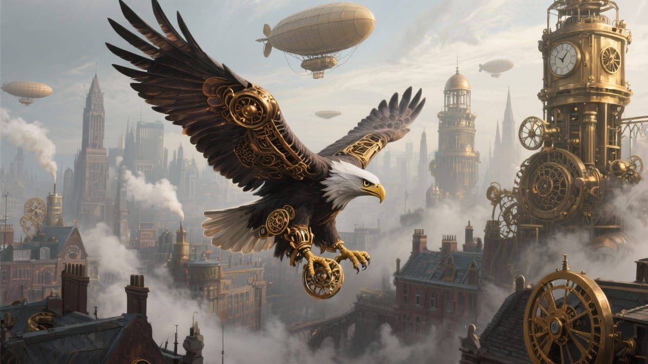 Steampunk Eagle Soars Over Victorian Cityscape