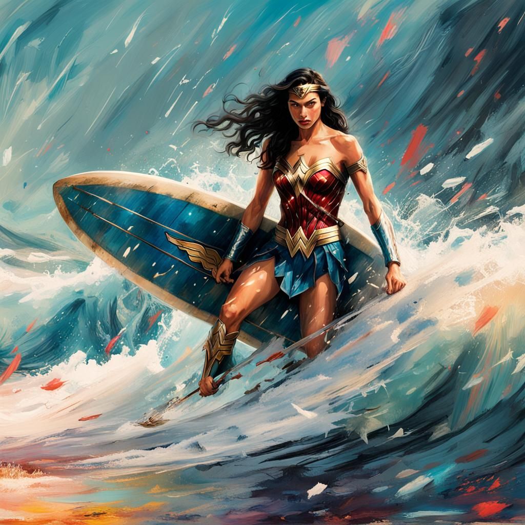 Wonder Woman Surfs