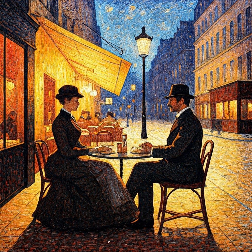Parisian Cafe Couple in Pointillism Style