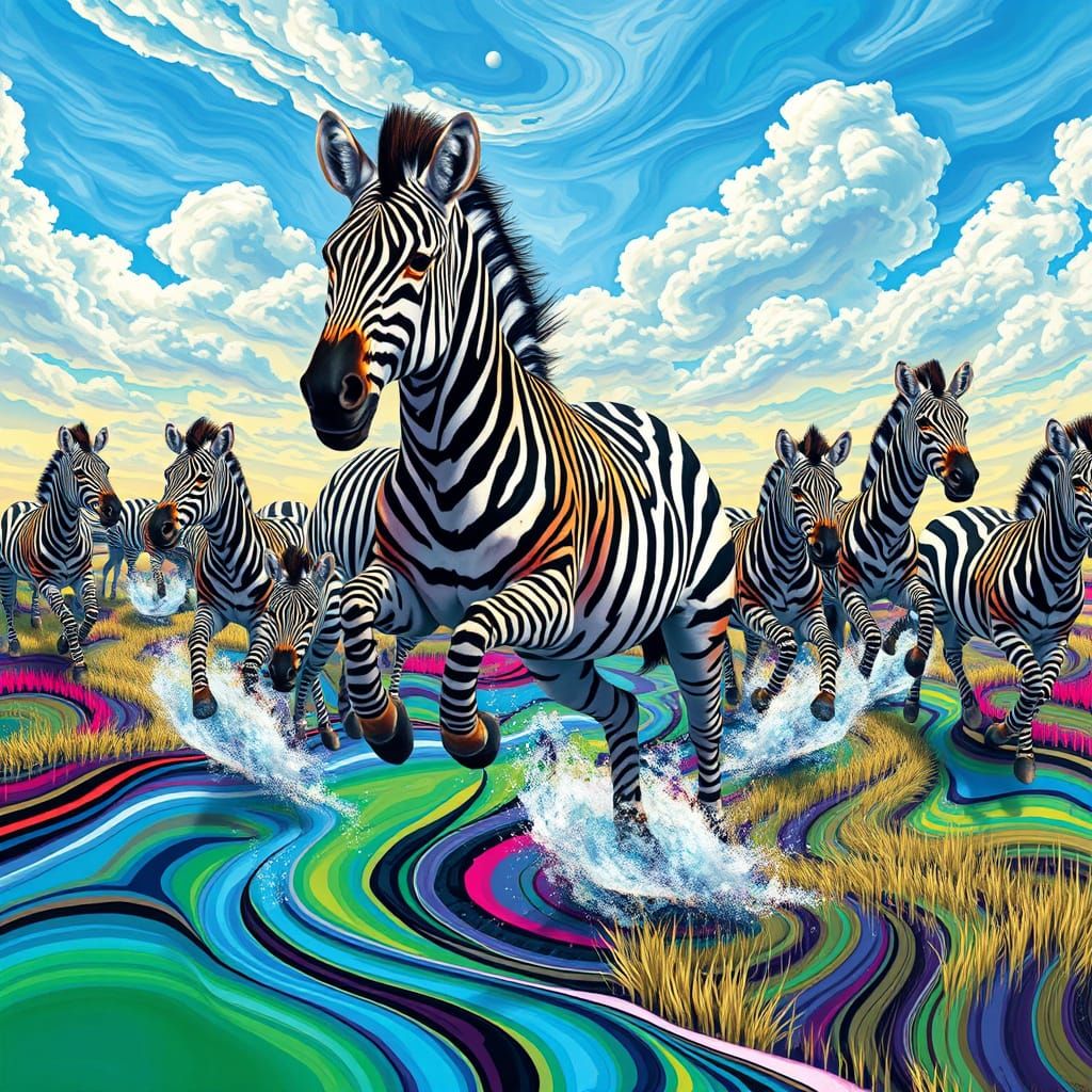 Vibrant Zebras in Kaleidoscopic Dreamscape