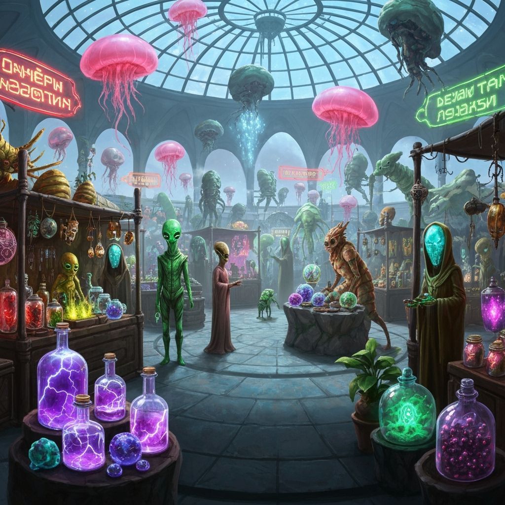 Bustling Intergalactic Bazaar Under Glass Dome