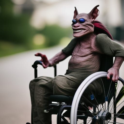 a goblin in a wheelchair