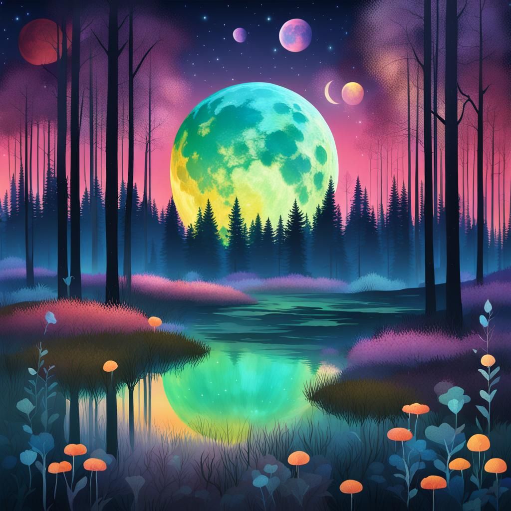 Iridescent Moon Over Abstract Forest Poster
