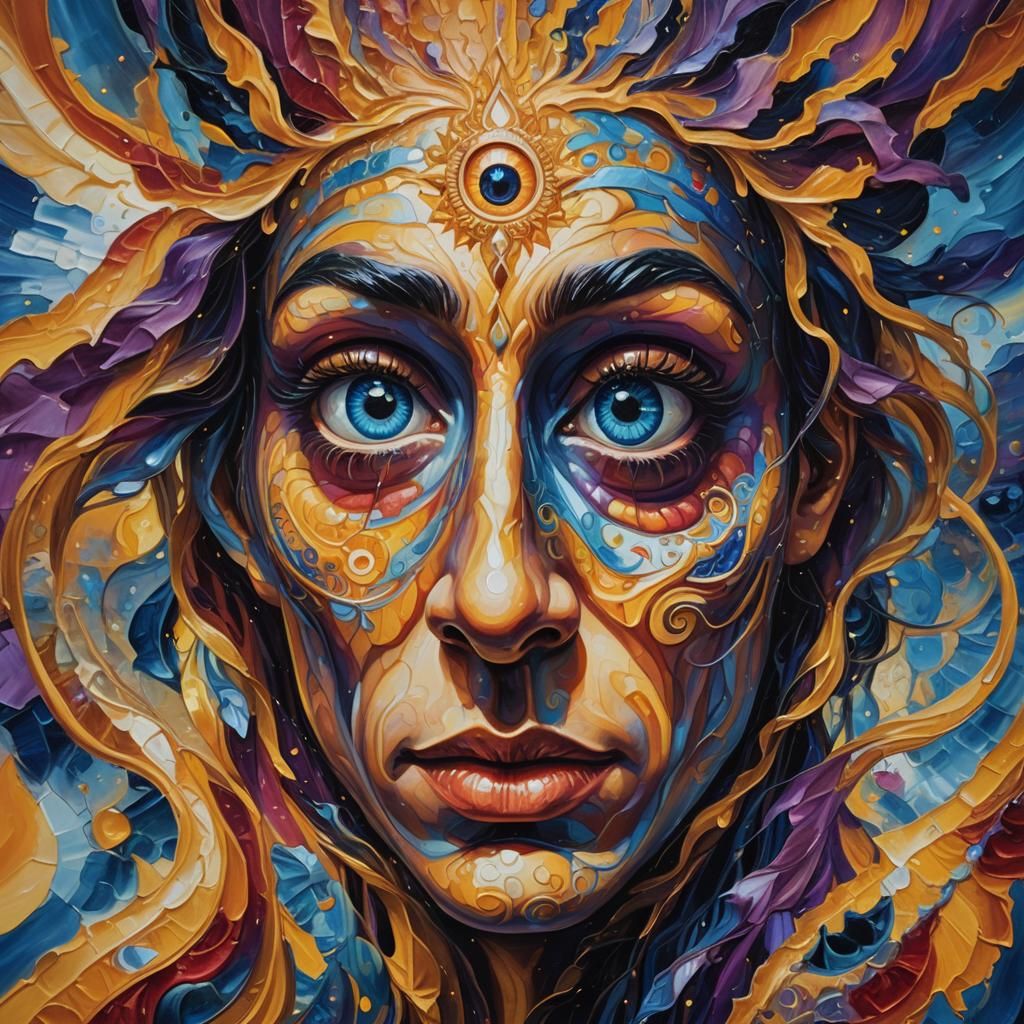 Surreal Human Face with Third Eye, Oil Painting