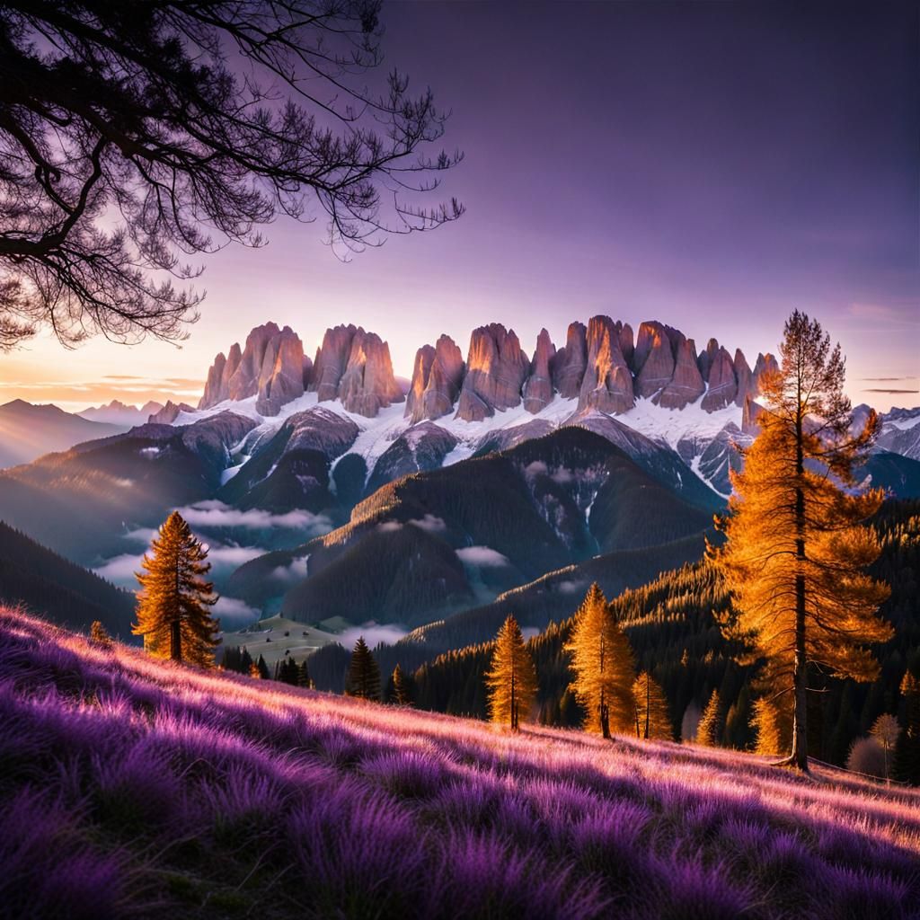 Dolomite Mountains Sunrise: Ethereal Trees in Golden Light