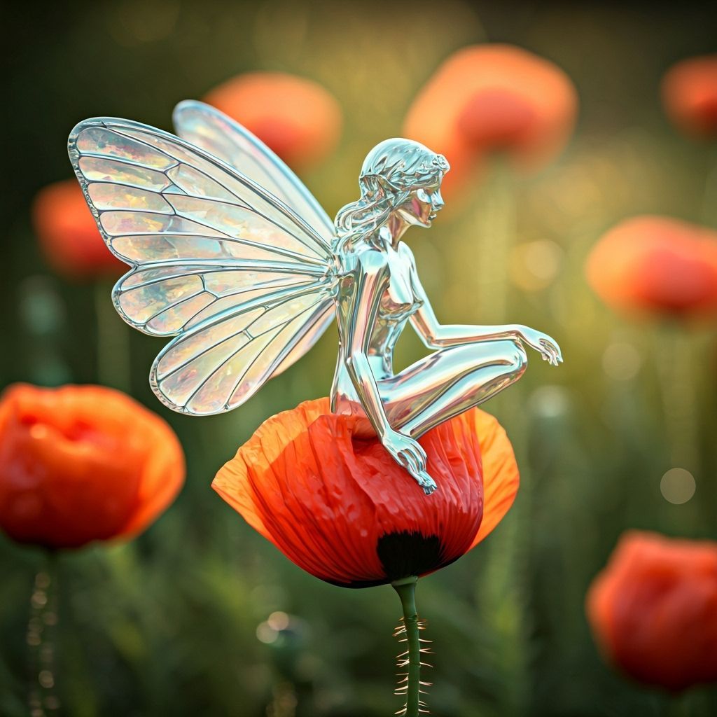 Ethereal Glass Fairy on Poppy, Art Nouveau Style