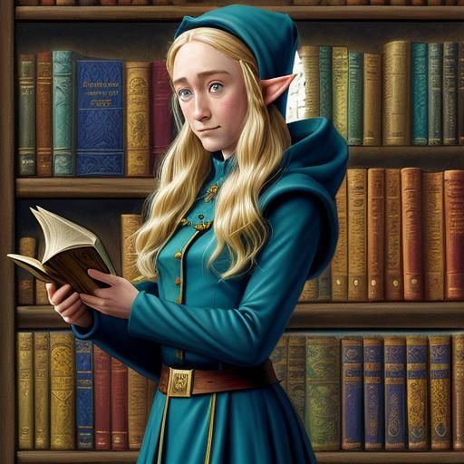 Fantasy Elf in Library, Comic Book Art Style