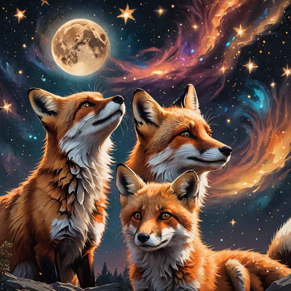 Fox and Cub Gaze at Starry Night Sky
