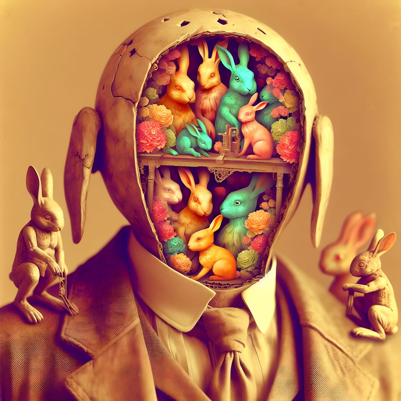 Sepia Photograph of Surreal Rabbit-Filled Dummy