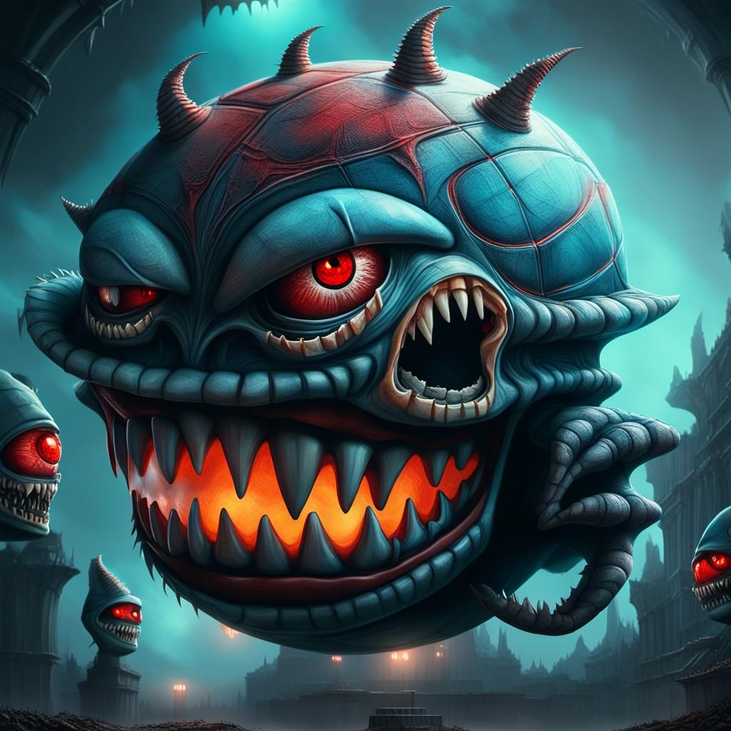 Menacing Basketball with Teeth in Dark Arena