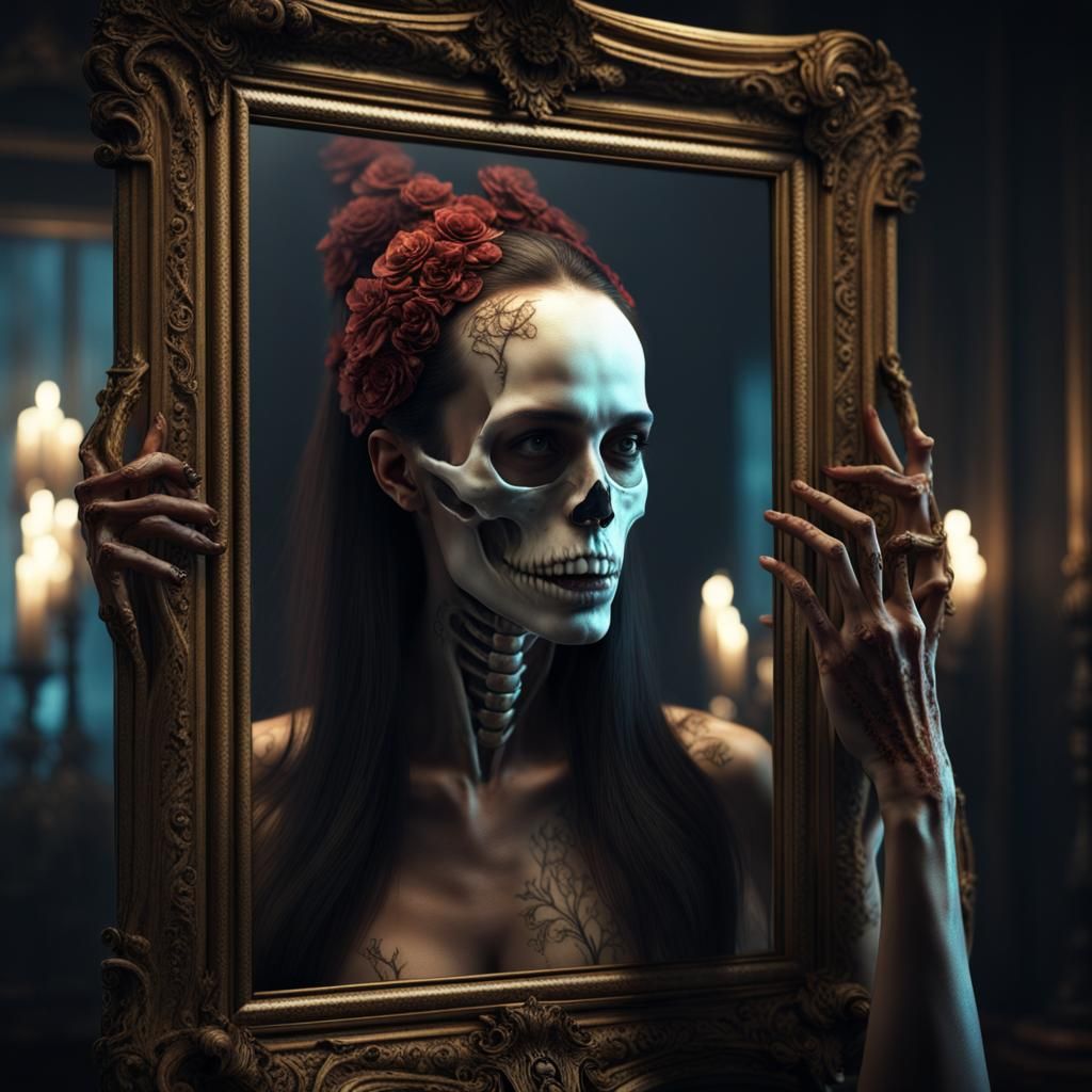 Eerie Reflection: Woman and Skeleton in Dark Fantasy Art