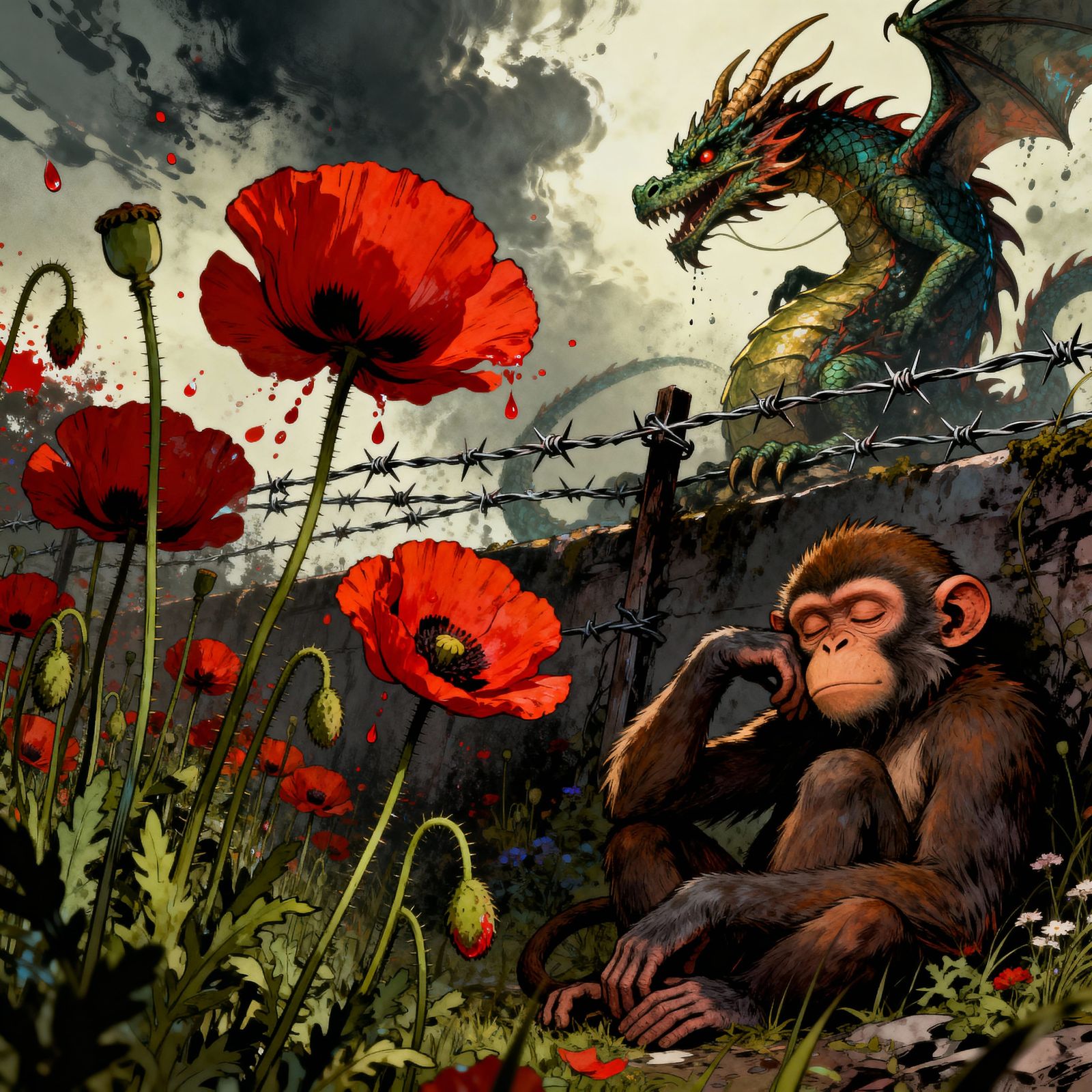 Whimsical Dragon and Monkey Amidst Poppies