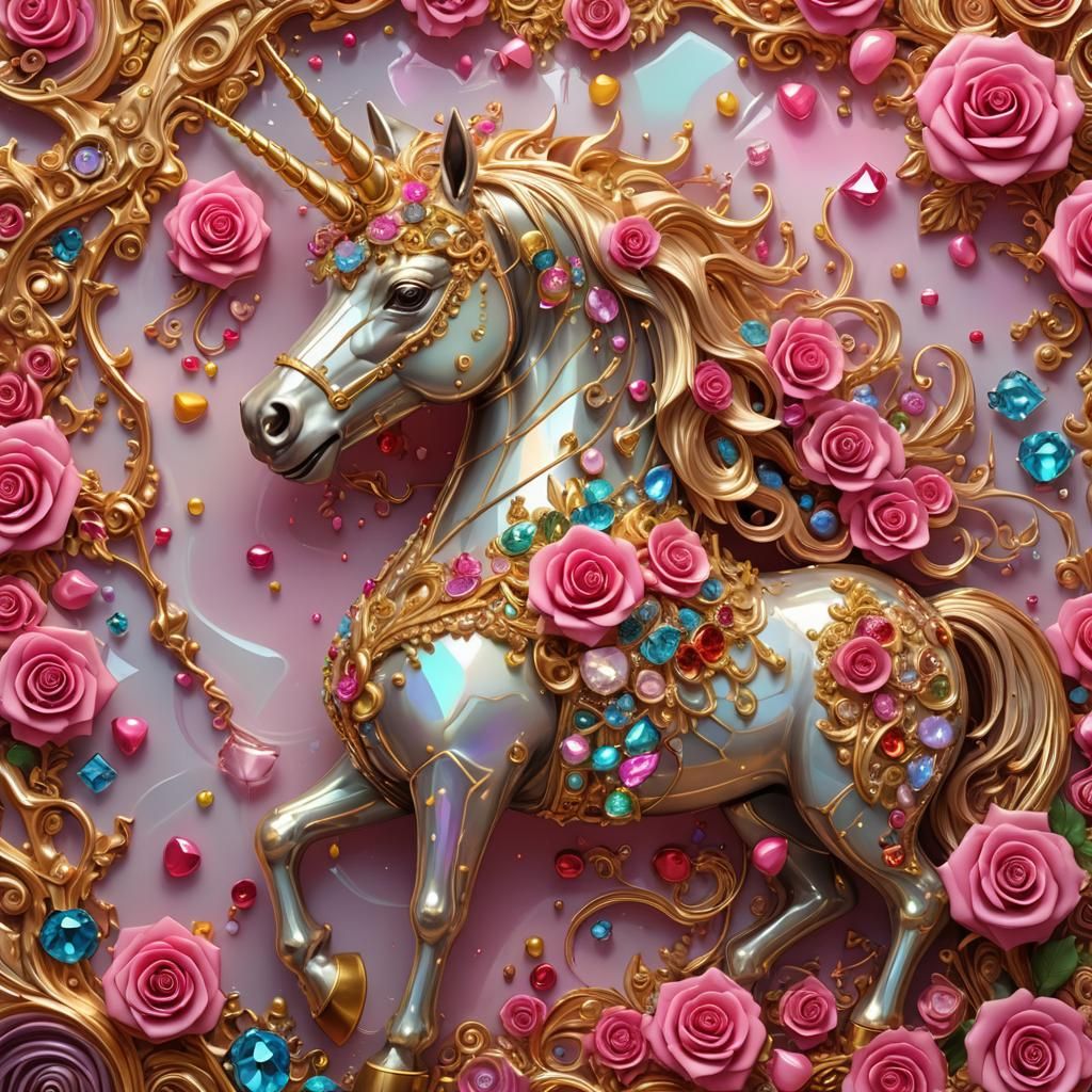 Iridescent Jeweled Unicorn with Rosebud Gun, Candy Art