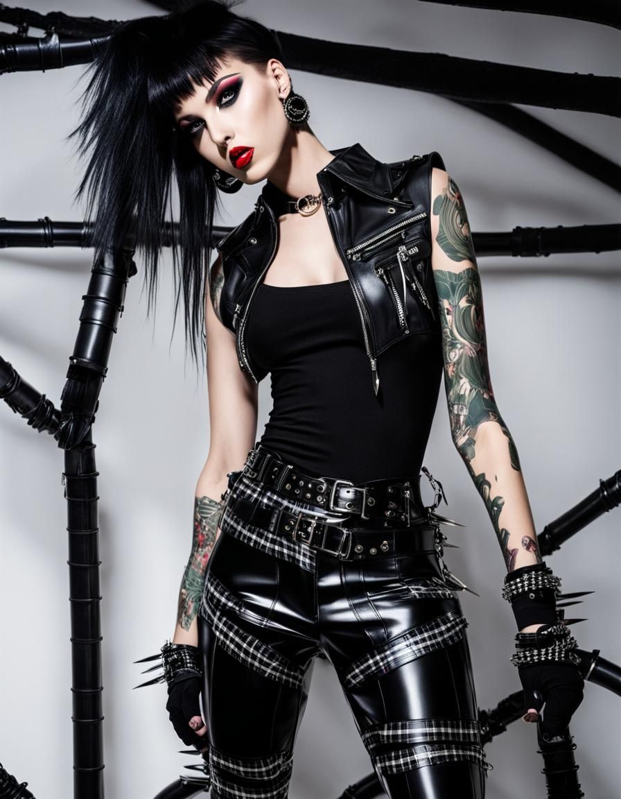 Punk Fashion Model in Tartan and Leather