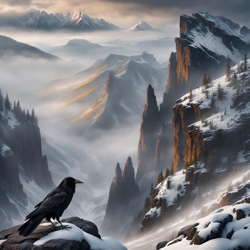Raven on Snowy Rock: Dramatic Digital Painting