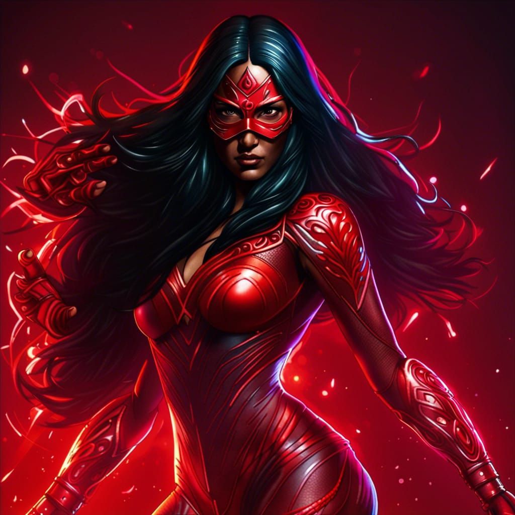 Indian Superheroine in Red Nanotech Suit with Fire