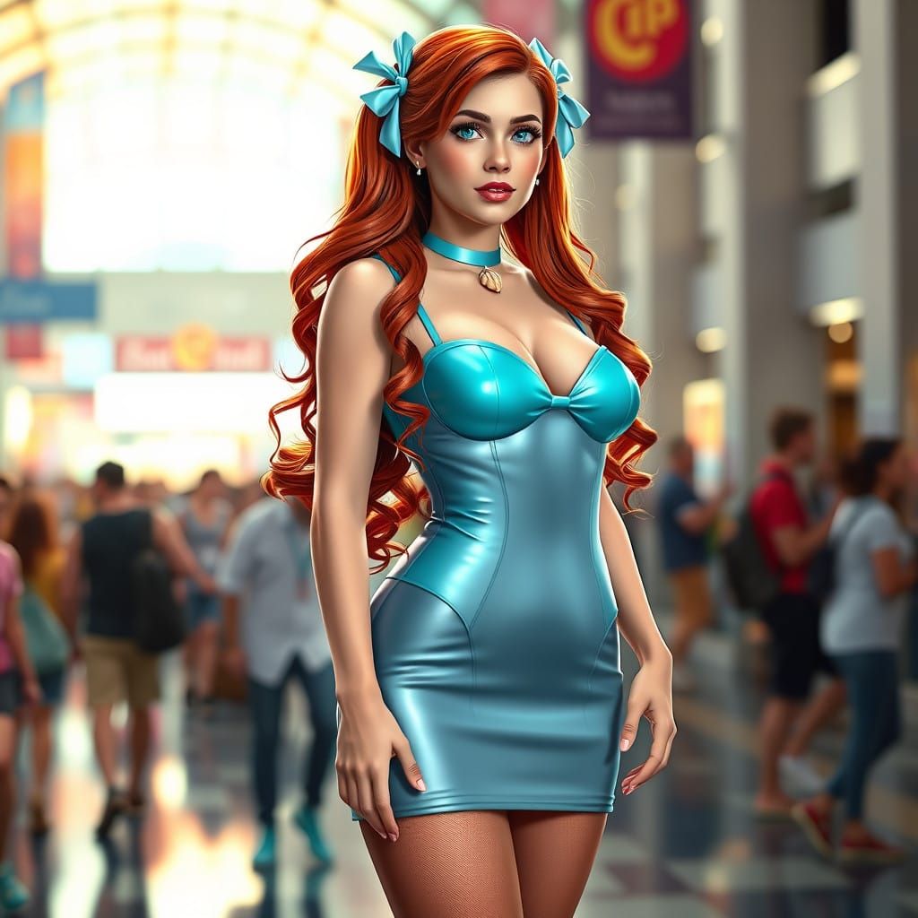 Realistic Princess Ariel Cosplay in Vibrant Convention Cente...